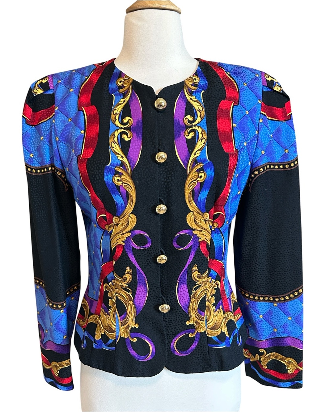Maggy London Vintage 100% Silk Multicolor Button Front Blazer Jacket Size 6